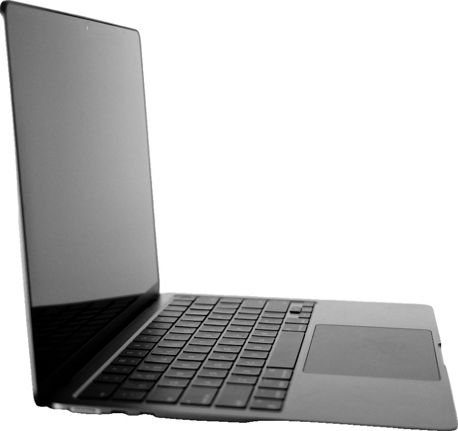 Notebook preto, aberto, de lado